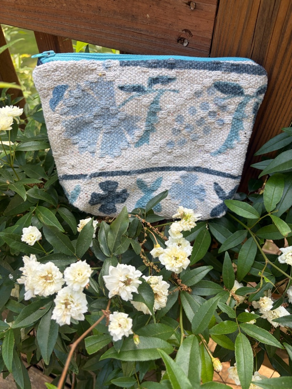 Handmade Blue Floral Textured Zip Pouch